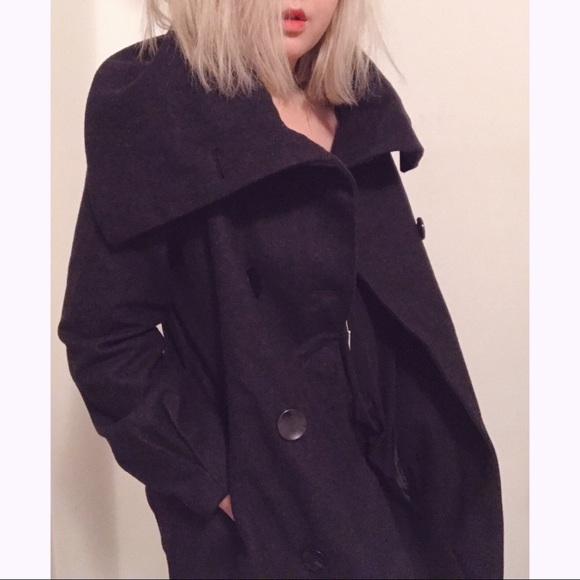 Dark Gray Charcoal Wool Blend Cowl Neck Coat - Picture 1 of 8